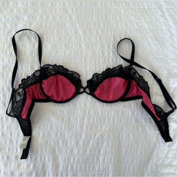 Rare VTG 1980s Victoria's Secret Pink and Black Lace Balconette Bra, 34B - Picture 6 of 11